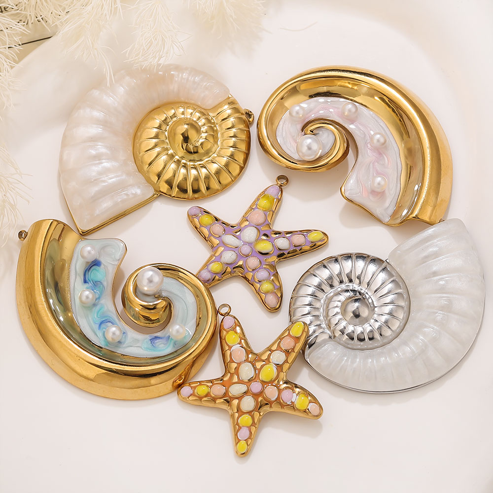 Pearl Stud Earrings - 2PCS Pearl Conch Starfish Stainless Steel