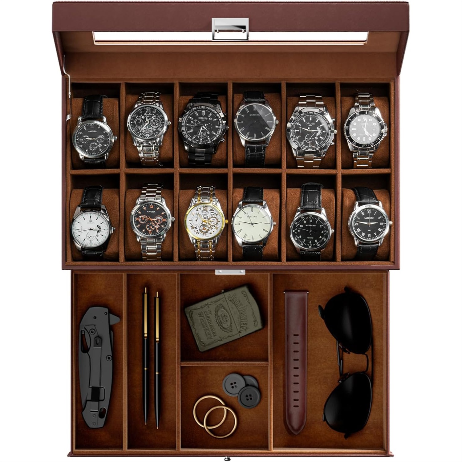 12 Slot Watch Box with Drawer, - Jewelry Box With Watches reseña y precio