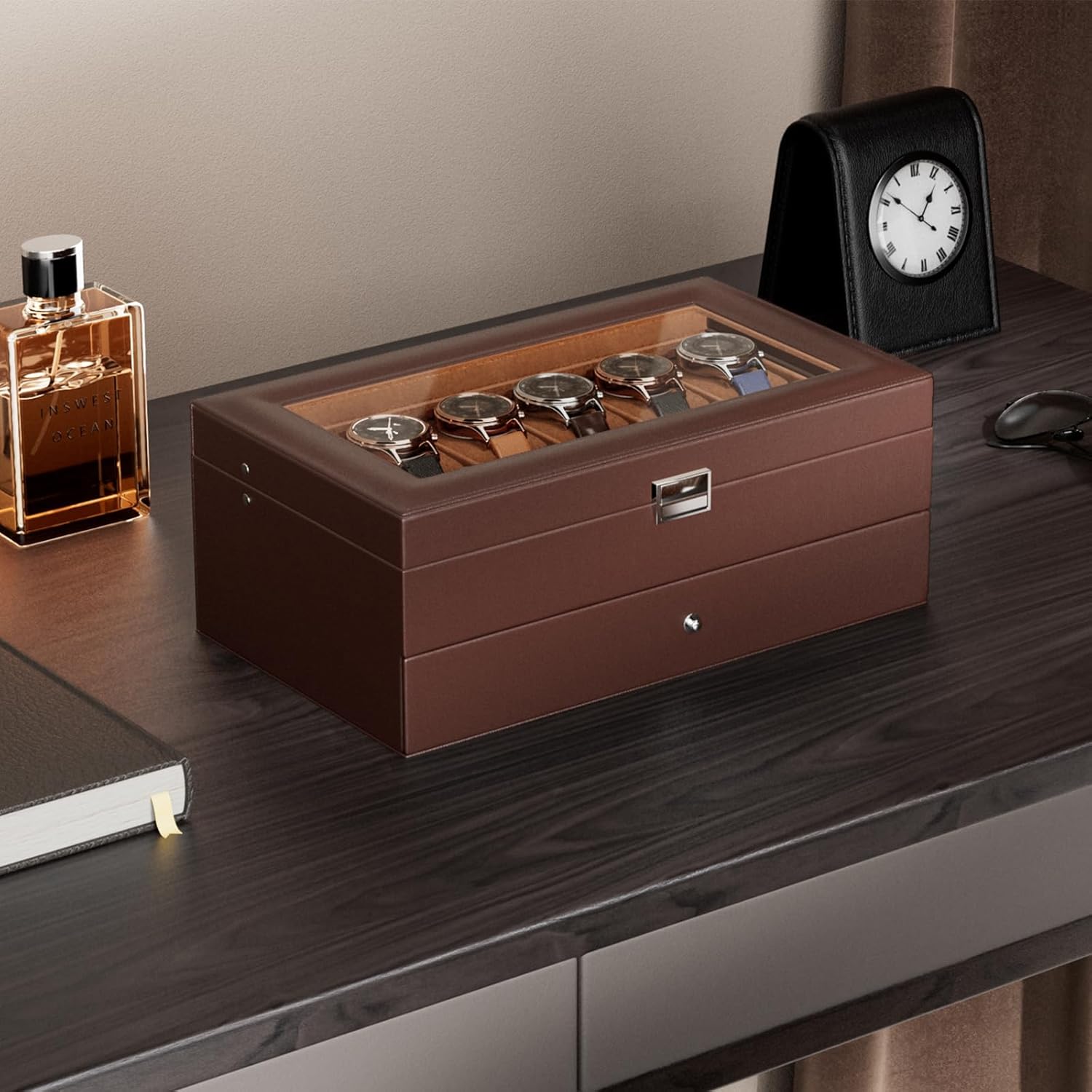 12 Slot Watch Box with Drawer, - Jewelry Box With Watches reseña y precio