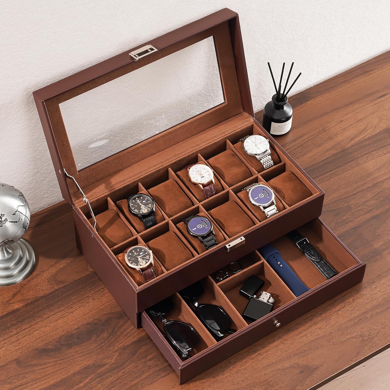 12 Slot Watch Box with Drawer, - Jewelry Box With Watches reseña y precio