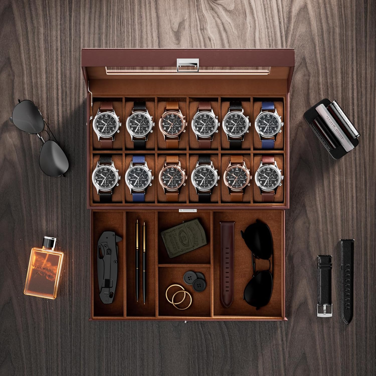 12 Slot Watch Box with Drawer, - Jewelry Box With Watches reseña y precio