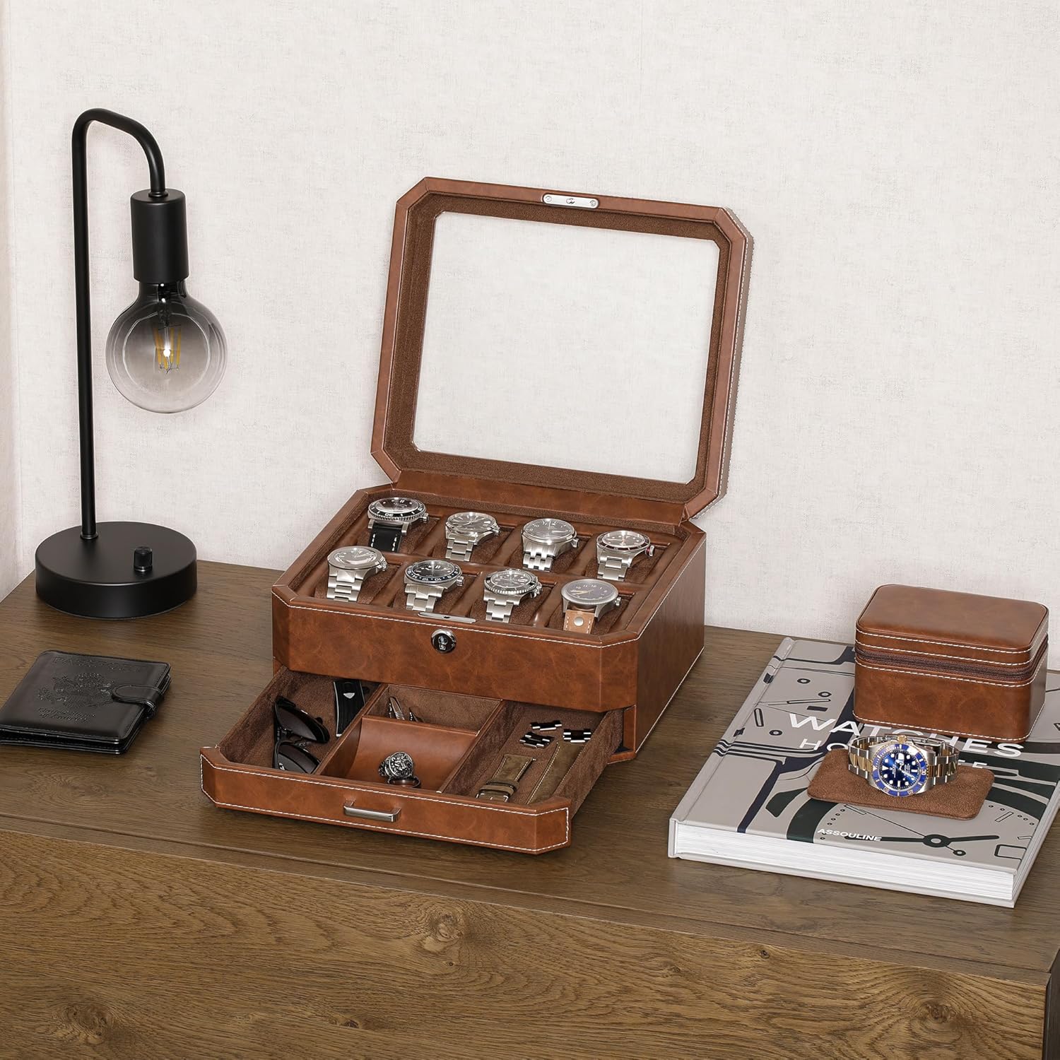 8 Slot Leather Watch Box with  - Jewelry Box With Watches reseña y precio