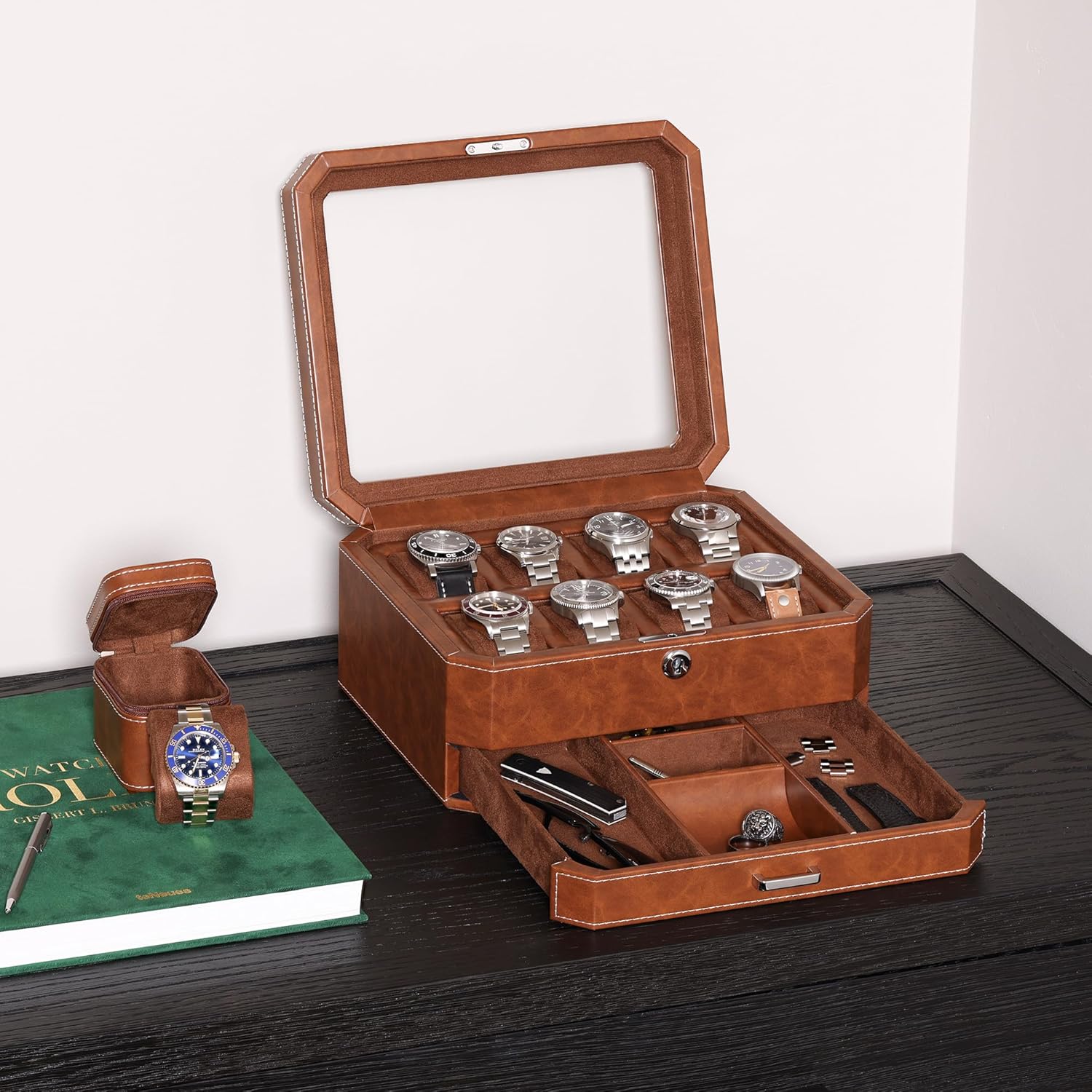 8 Slot Leather Watch Box with  - Jewelry Box With Watches reseña y precio