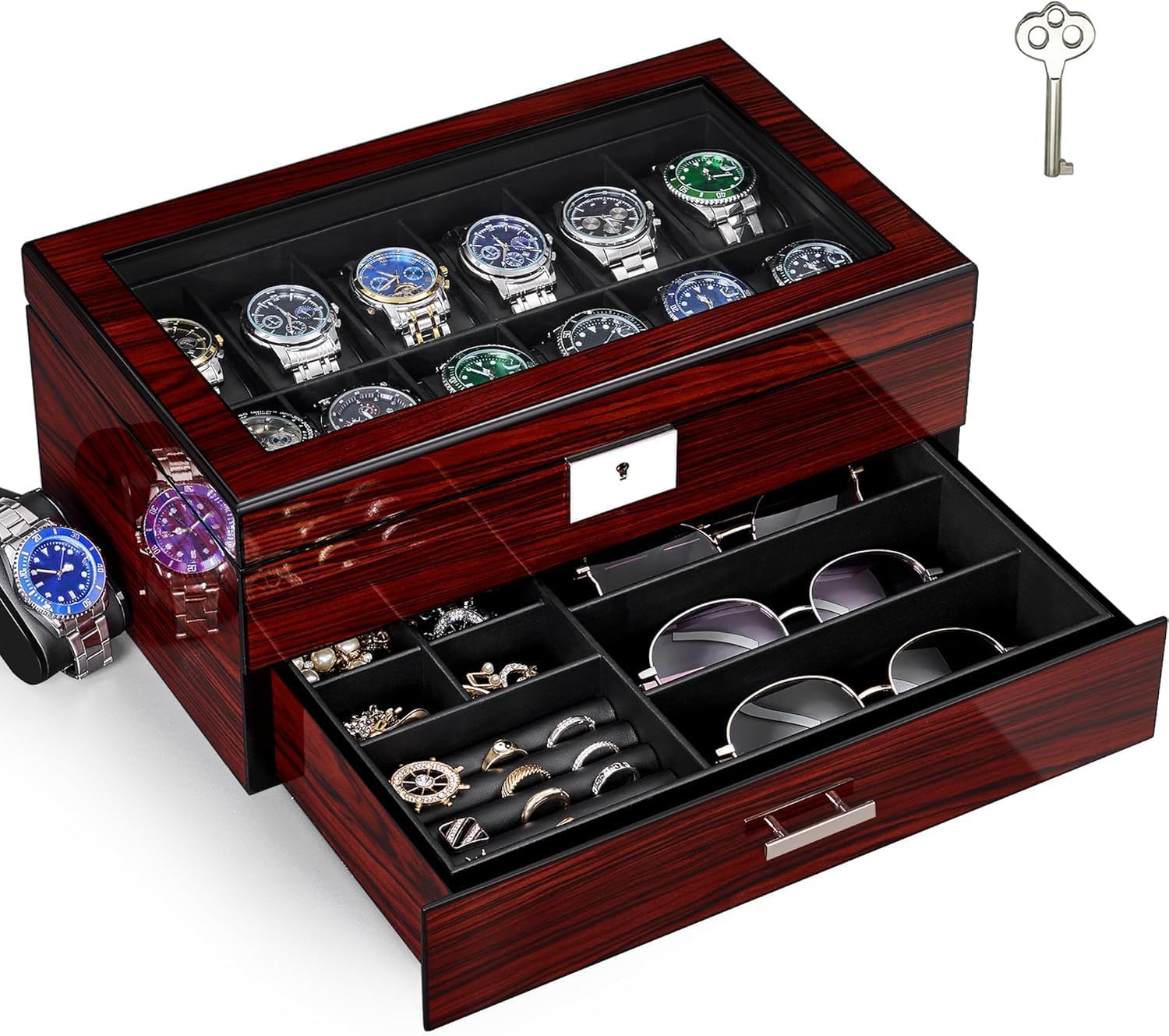 12-Slot Watch Box with Glass L - Jewelry Box With Watches reseña y precio