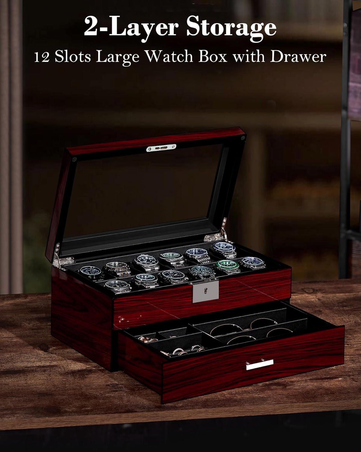 12-Slot Watch Box with Glass L - Jewelry Box With Watches reseña y precio