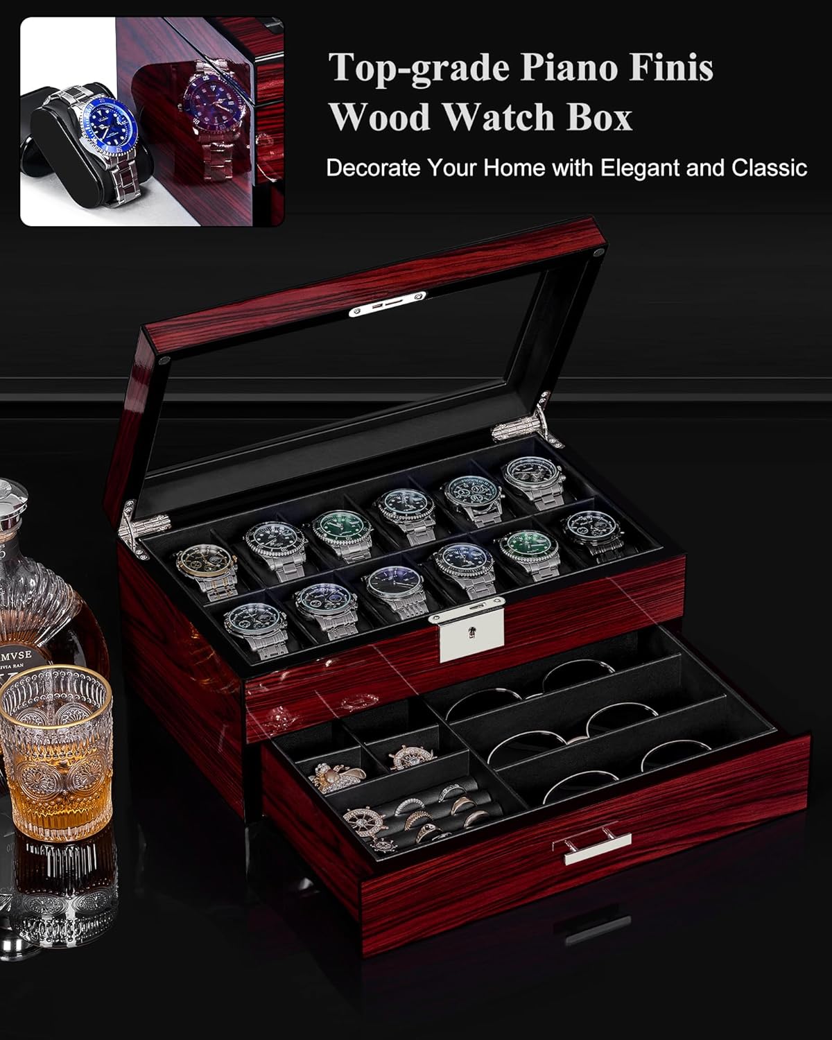 12-Slot Watch Box with Glass L - Jewelry Box With Watches reseña y precio