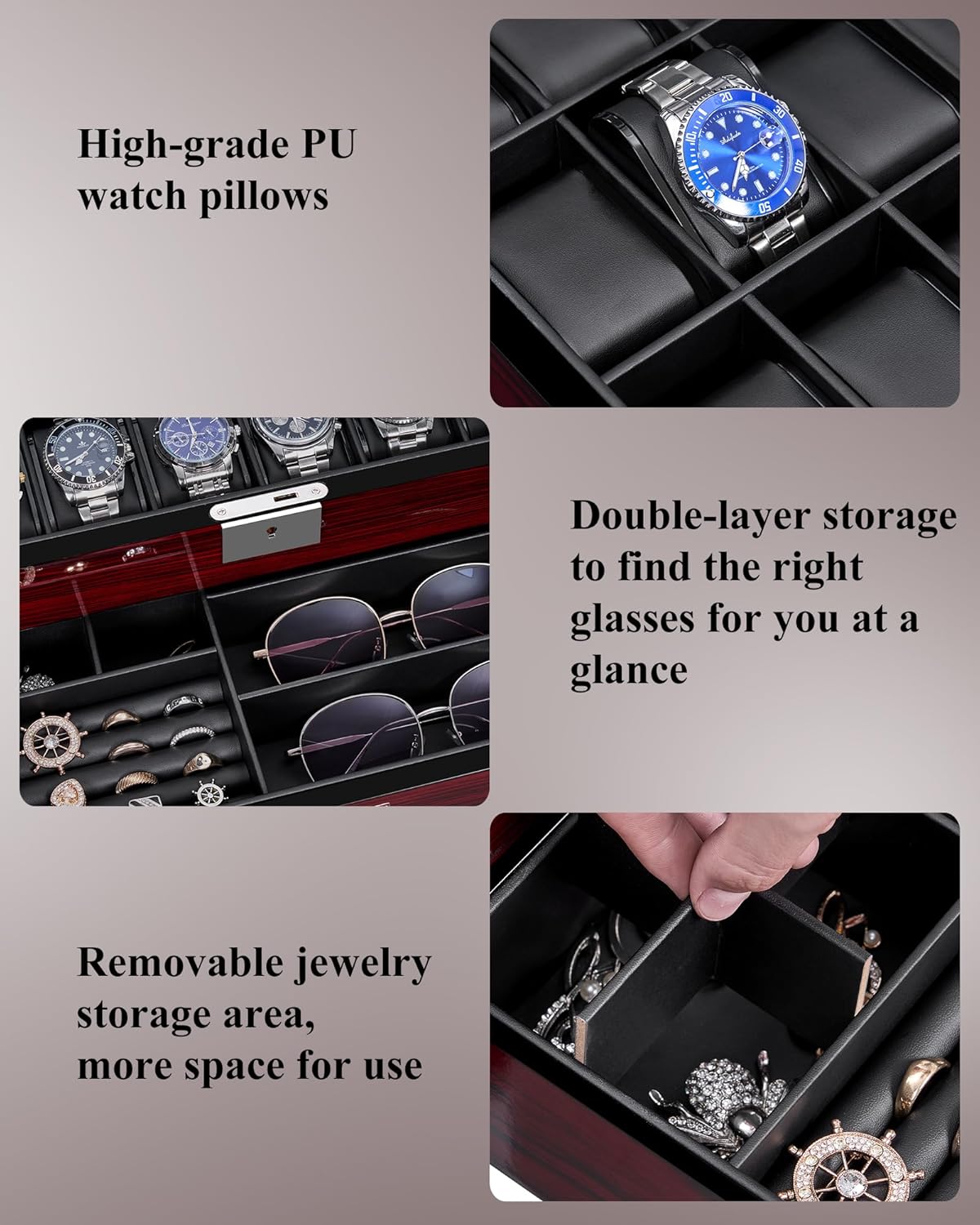 12-Slot Watch Box with Glass L - Jewelry Box With Watches reseña y precio